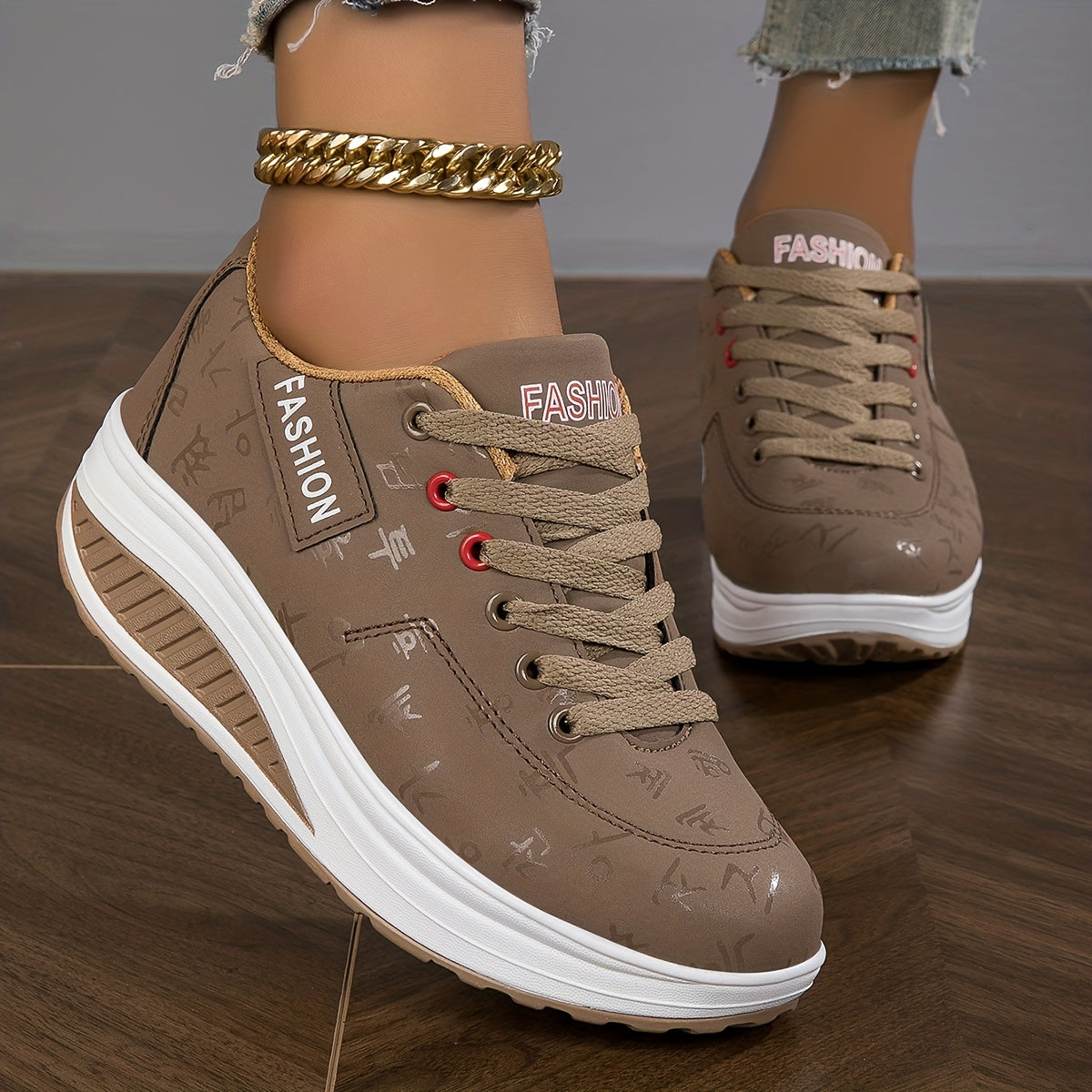 Women's Fashionable Rocker Sneakers - Breathable, Non-Slip Thick Sole Casual Shoes in Brown with White Sole Accents, Lace-Up Low Tops, Stain-Resistant, All-Season Wear